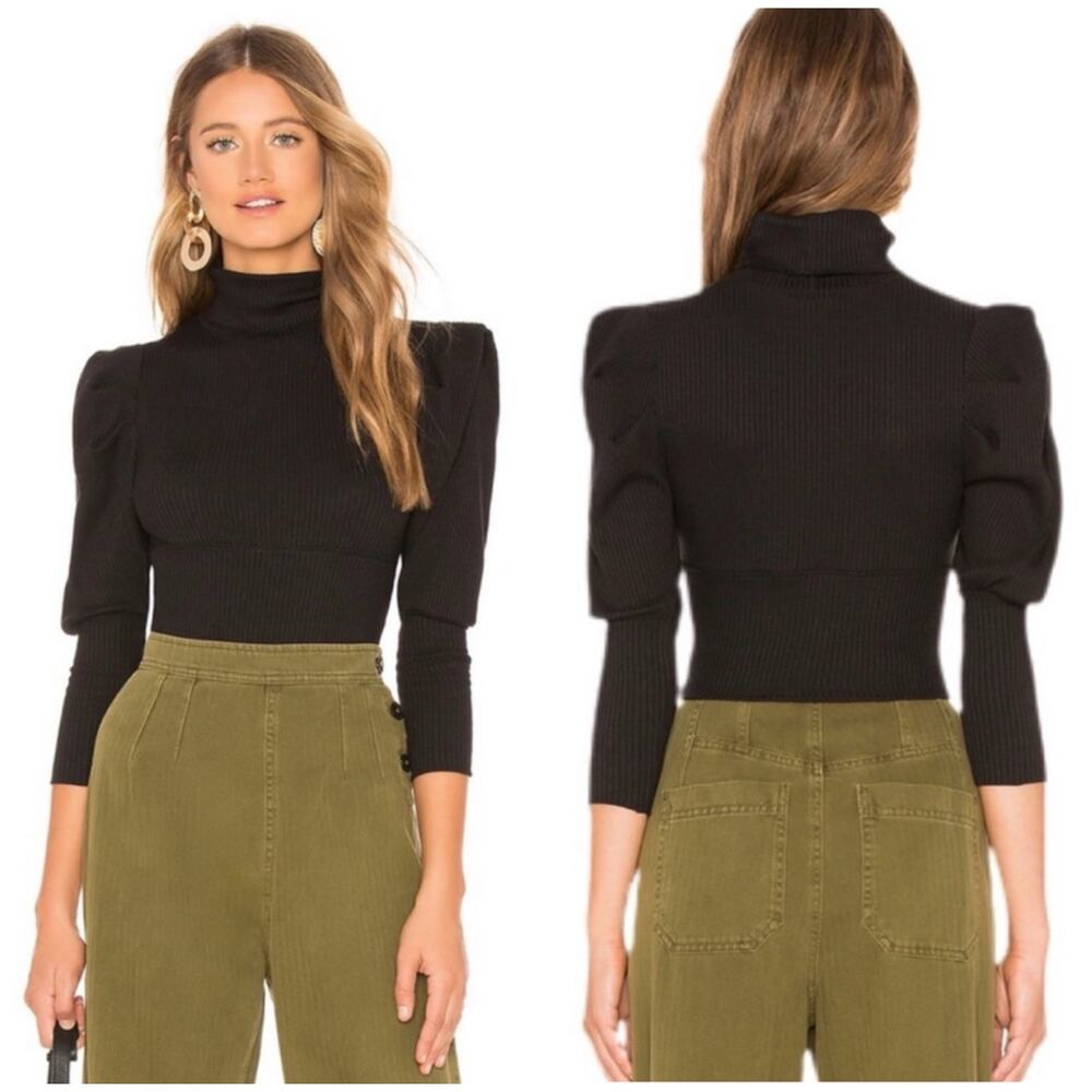 Free People Lala Top in Black Size Small Ribbed Puff Sleeve Cropped Minimalist